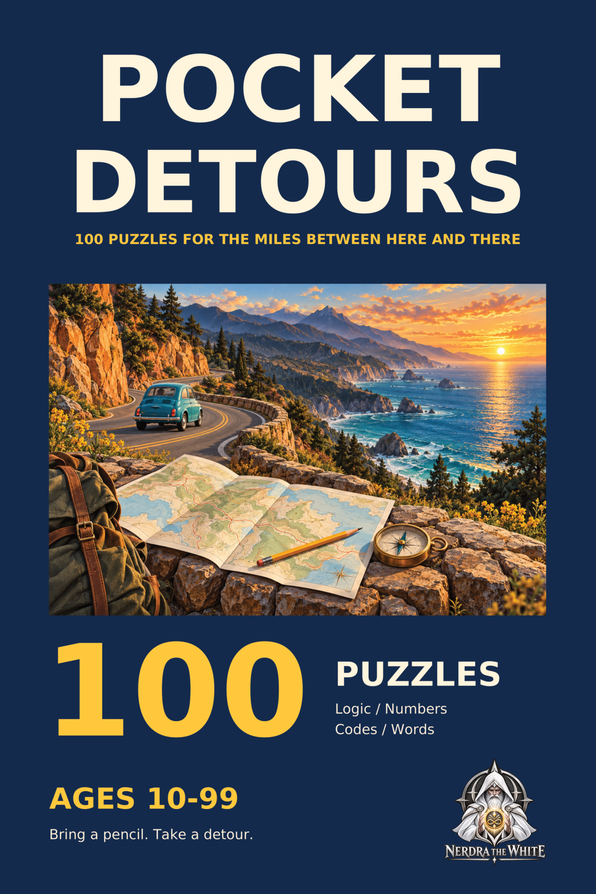 Pocket Detours illustrated cover with 100 puzzles and ages 10–99