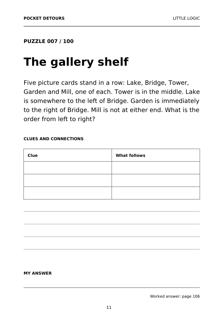 Actual interior page 11, puzzle 007, The gallery shelf, with a clue table and space for an answer. The exact question follows as selectable text.