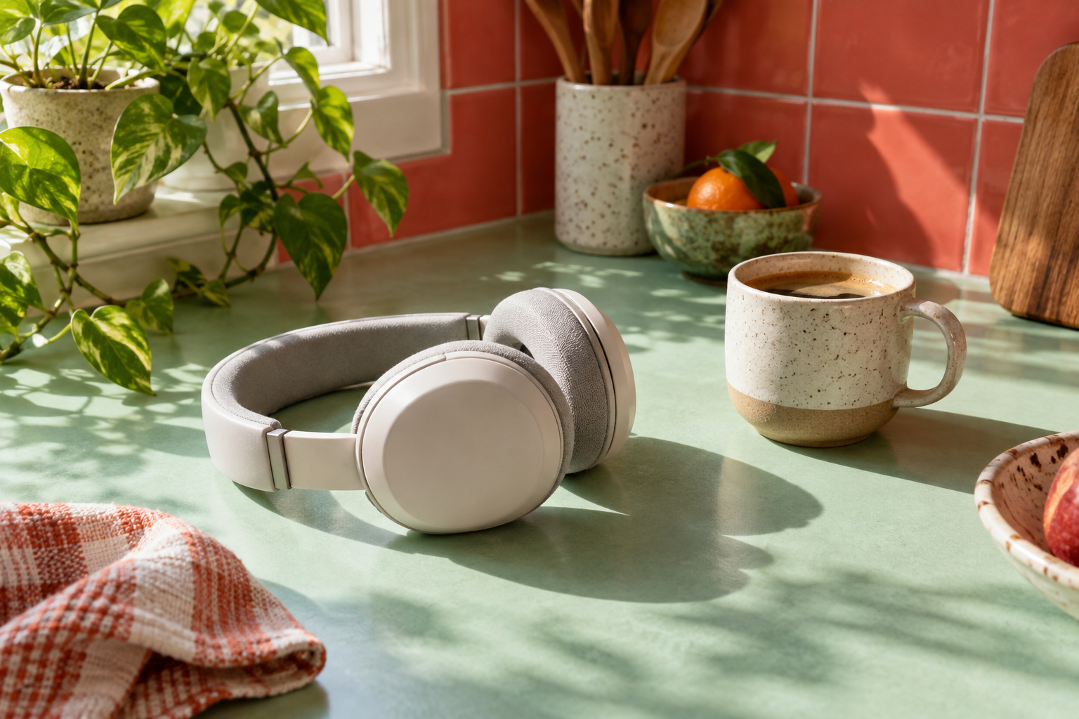 Original listening-life illustration with headphones and coffee