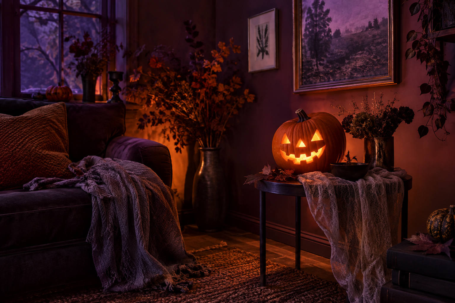 Original illustrated Halloween room concept, not a product demonstration